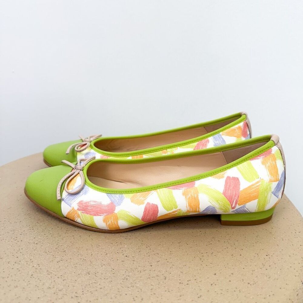 Brenda Zaro Women’s Chartreuse Pear Green Multicolor Paint Strokes Leather Balle